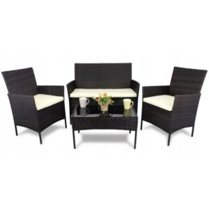 Set mobilier gradina/terasa, poliratan, maro cu perne crem, 1 masa, 2 fotolii, 1 canapea, Medi