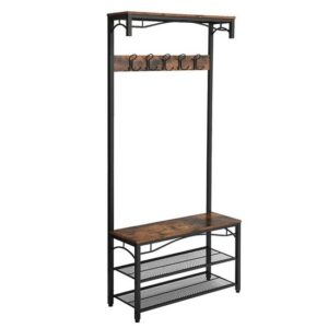 Cuier cu 2 rafturi pentru incaltaminte, Vasagle, banca, pal si metal, negru, 80x30x178.5 cm