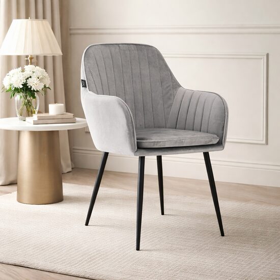 Scaun stil fotoliu bucatarie/living, Artool, Lugo, catifea argintie, picioare metal negru, 57.5x56.5x86.5 cm