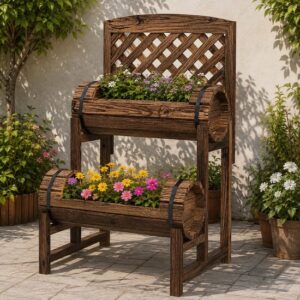 Jardiniera decorativa cu suport pentru plante cataratoare, lemn, 2 nivele, tip butoi, 49x42x80 cm
