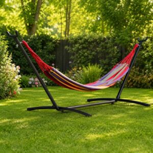 Hamac bumbac cu suport otel, husa, multicolor, dungi, 200x150 cm - imagine 1