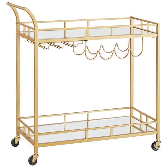 Carucior servire, raft mobil pentru bucatarie, Artool, pe roti, otel, sticla, cu suport pahare si sticle, auriu, 86x38x90 cm