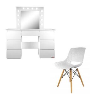 Masa de toaleta/machiaj + scaun Lars, alba, cu oglinda si LED-uri, Vanessa, 130x43x143 cm