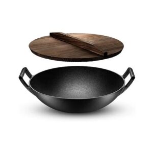 Vas de fonta tip Wok cu capac de lemn, 36.5x10 cm, Perfect Home - imagine 1