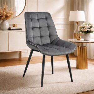 Scaun bucatarie/living, Artool, Bera, catifea gri, picioare metal negru, 54x60x88 cm
