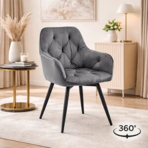 Scaun stil fotoliu bucatarie/living, Artool, York, rotativ, catifea gri inchis, picioare metal negru, 56x61x84 cm - imagine 1