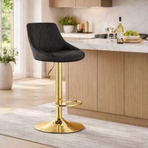 Scaun de bucatarie/bar, Artool, Kast, rotativ, catifea neagra, picior metal auriu, 45.5x49x85-105 cm - imagine 1