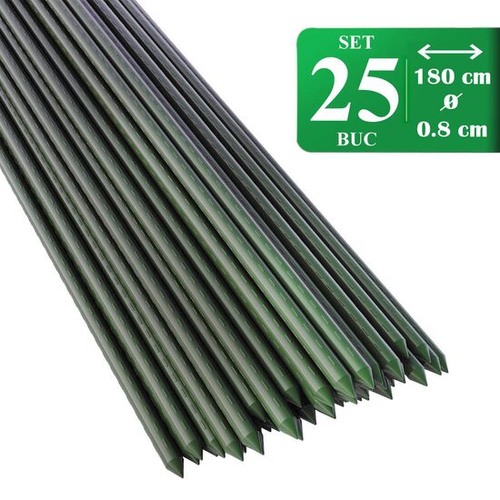 Set 25 araci de gradina, suport pentru rosii, castraveti si fasole, metal acoperit cu PVC, rezistenti la rugina, verde, 180x0.8 cm, Artool