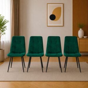 Set 4 scaune bucatarie/living, Artool, Kara, catifea verde, picioare metal negru, 44.5x50.5x87 cm - imagine 1