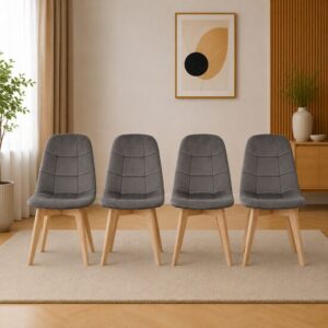 Set 4 scaune bucatarie/living, Artool, Bora, catifea gri inchis, picioare lemn natur, 44.5x54x81.5 cm - imagine 1