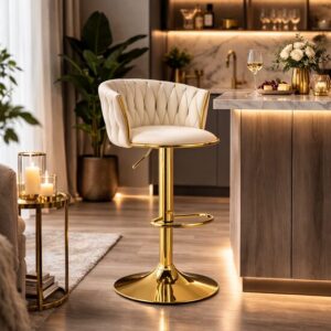 Scaun de bucatarie/bar, Artool, Mig, rotativ, catifea bej, picior metal auriu, 51x50x84-105 cm - imagine 1