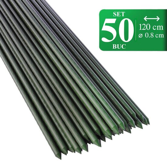 Set 50 araci gradina, suport pentru rosii, flori si plante cataratoare, metal acoperit cu PVC, rezistenti la rugina, verde, 120x0.8 cm, Artool