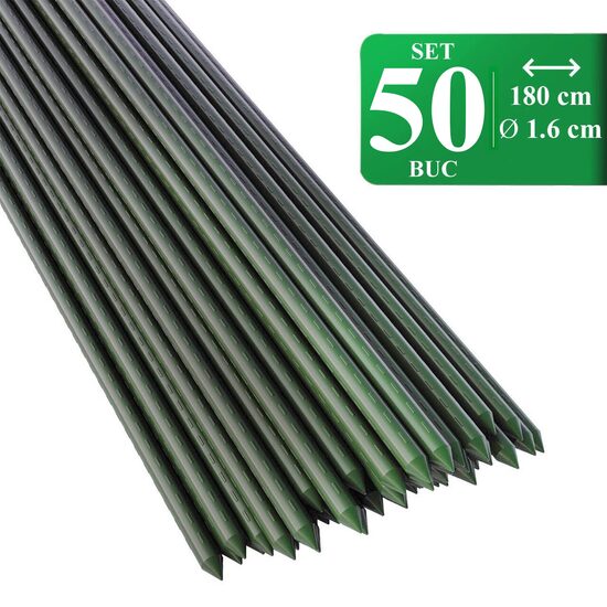 Set 50 araci de gradina, suport pentru rosii, castraveti si fasole, metal acoperit cu PVC, rezistenti la rugina, verde, 180x1.6 cm, Artool
