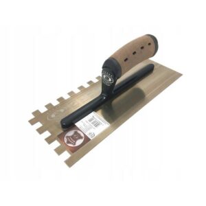 Gletiera inox, intarita, cu zimti 12x12, Premium Gold, 30.5x12 cm x 0.65 mm, maner piele Alcantara, Olejnik