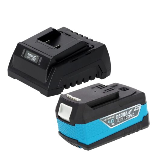 Set acumulator 18V 4Ah Li-ion si incarcator Dedra SAS+ALL DED7030B03, compatibil cu toate sculele electrice Dedra SAS+ALL, indicator LED nivel incarcare, fara efect de memorie, Dedra