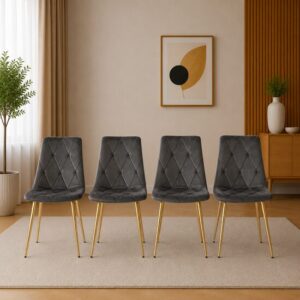 Set 4 scaune bucatarie/living, Artool, Libra, catifea gri inchis, picioare metal auriu, 45x54x86.5 cm