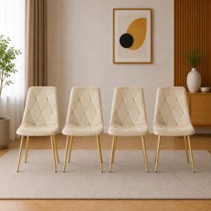 Set 4 scaune bucatarie/living, Artool, Libra, catifea bej, picioare metal auriu, 45x54x86.5 cm