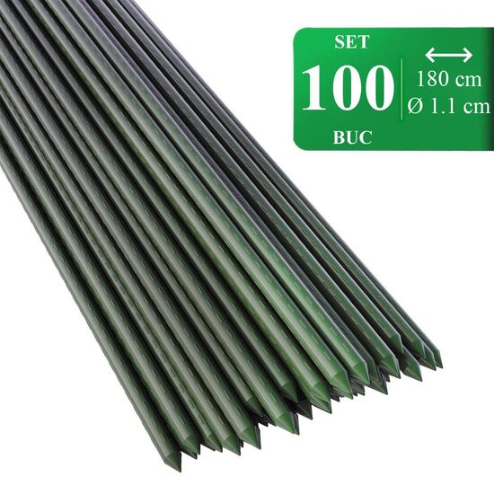 Set 100 araci de gradina, suport pentru rosii, castraveti si fasole, metal acoperit cu PVC, rezistenti la rugina, verde, 180x1.1 cm, Artool
