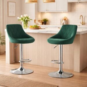 Set 2 scaune de bucatarie/bar, Artool, Kast, rotativ, catifea verde, picior metal argintiu, 45.5x49x85-105 cm - imagine 1