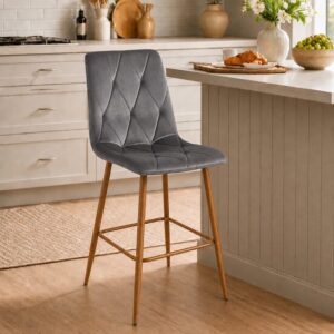 Scaun de bucatarie/bar, Artool, Libra, catifea gri inchis, picioare metal natur, 52x56x112 cm - imagine 1