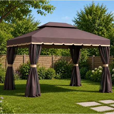 Pavilion de grădină cu plasă de insecte montat pe gazon