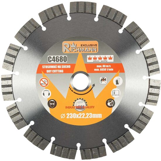 Disc diamantat segmentat pentru beton armat, tăiere uscată, 230 mm, Richmann Exclusive