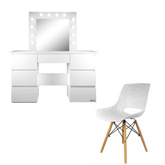 Masă de machiaj cu oglindă, becuri LED și scaun inclus, 130x43x143 cm, albă