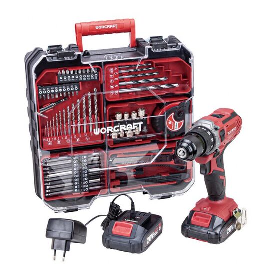 Mașină de găurit și înșurubat cu 2 acumulatori 20V 2Ah, set 74 piese, Worcraft