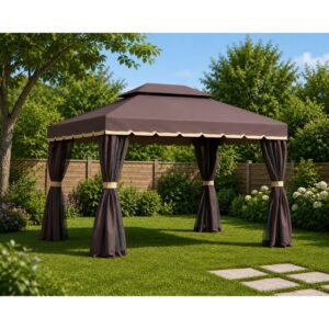 Pavilion de grădină cu plasă de insecte, cadru din aluminiu, 3.90×2.90 m, cafeniu