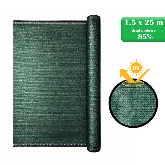 Plasa de umbrire HDPE 85%, verde, 1,5×25 m, pentru grădina, Strend Pro