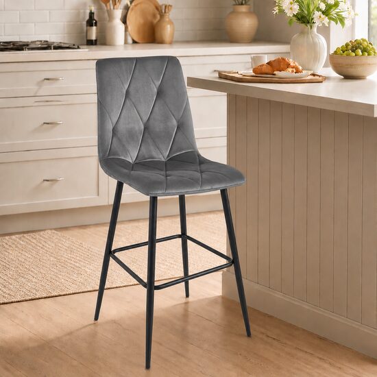 Scaun de bar cu spătar, catifea, picioare metalice, înălțime 112 cm
