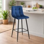 Scaun de bar din catifea albastră, cadru din oțel negru, 104 cm