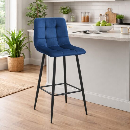 Scaun de bar din catifea albastră, cadru din oțel negru, 104 cm