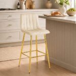Scaun de bar din catifea bej, picioare metalice aurii, 102 cm înălțime