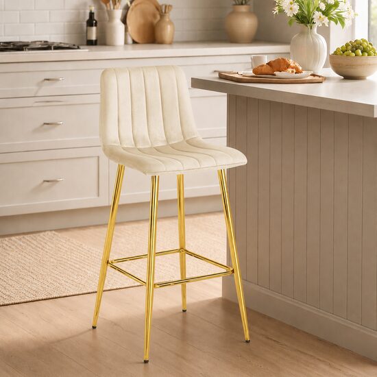 Scaun de bar din catifea bej, picioare metalice aurii, 102 cm înălțime