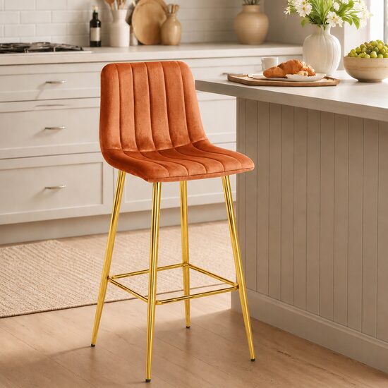 Scaun de bar din catifea portocalie, picioare metalice aurii, 102 cm