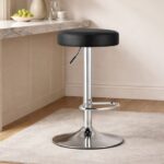 Scaun de bar rotativ, piele ecologică neagră, picior argintiu, 38×38 cm