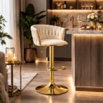Scaun rotativ de bucătărie și bar, catifea bej, picior auriu, 51-105 cm