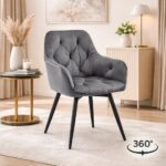 Scaun rotativ tip fotoliu, catifea gri închis, picioare metal negru, 56×84 cm