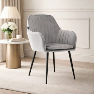 Scaun stil scandinav, catifea argintie, picioare metal negru, 57,5×86,5 cm