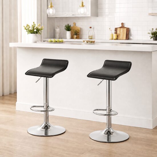 Set 2 scaune de bar rotative, piele ecologică neagră, înălțime 63-84 cm