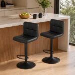 Set 2 scaune rotative bar și bucătărie, piele ecologică neagră, 41-108 cm