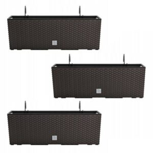 Set 3 jardiniere cu suport metalic aspect ratan, maro, 58 cm, Prosperplast