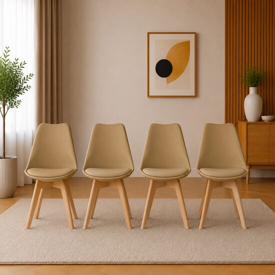 Set 4 scaune birou/bucatarie/living, PP bej, picioare lemn, 82 cm