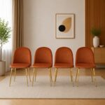 Set 4 scaune bucătărie/living, catifea aramie, picioare metal auriu, 49x55x78 cm