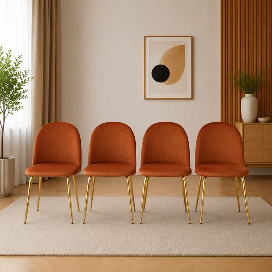 Set 4 scaune bucătărie/living, catifea aramie, picioare metal auriu, 49x55x78 cm
