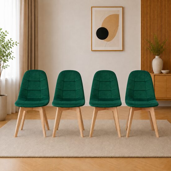 Set 4 scaune bucătărie/living cu tapițerie catifea, picioare din lemn, 44,5x54x81,5 cm