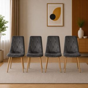 Set 4 scaune bucătărie/living cu tapițerie catifea, picioare metalice, 45x54x86,5 cm