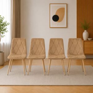 Set 4 scaune bucătărie/living cu tapițerie catifea, picioare metalice, 45x54x86,5 cm