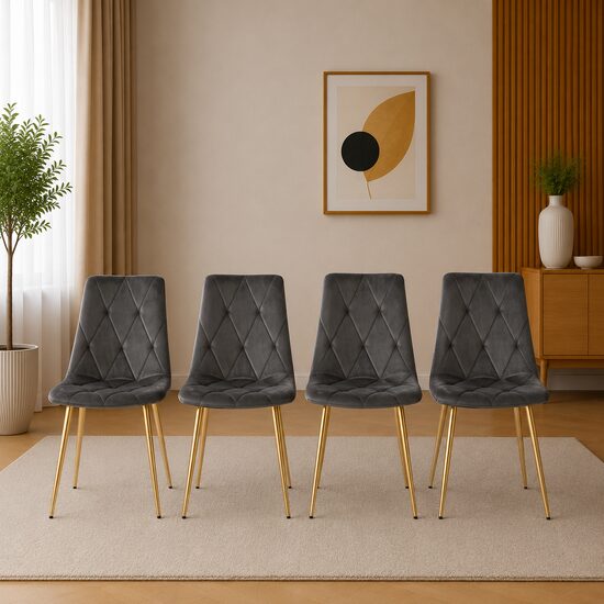 Set 4 scaune bucătărie/living cu tapițerie catifea, picioare metalice, 45x54x86,5 cm